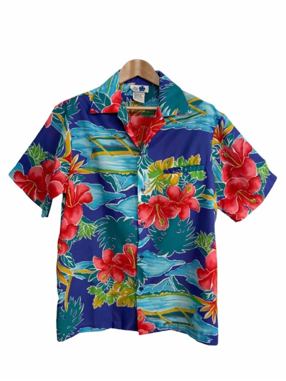 Hilo Hattie Hawaiian Aloha Shirt Large Blue Hibiscus Hand Made in Hawaii